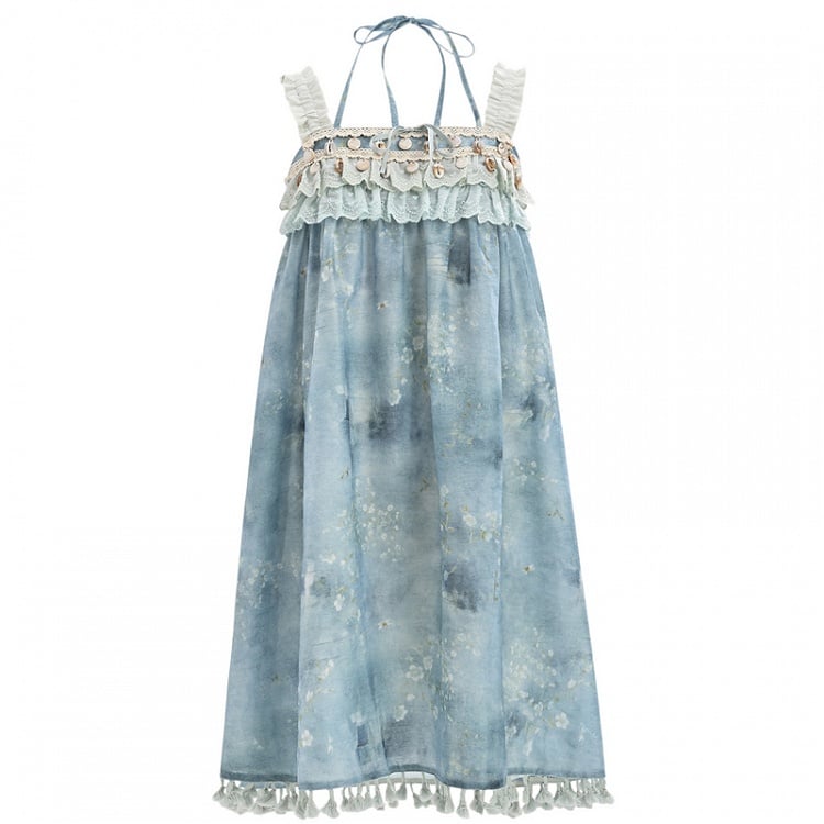 Dye Tie Charm Blue Sleeveless Dress Ruffles Bohemian Tassel Hem Shell Tiered