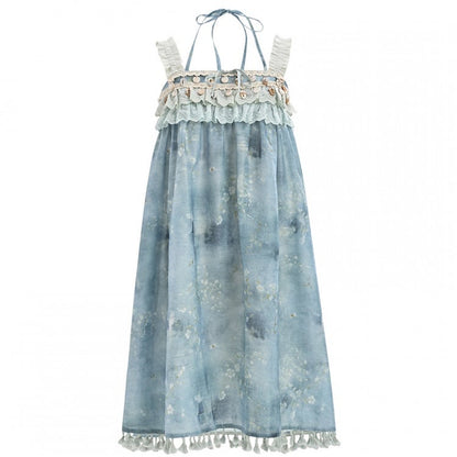 Dye Tie Charm Blue Sleeveless Dress Ruffles Bohemian Tassel Hem Shell Tiered