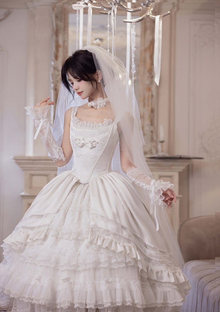 Rosette White Elegant Wedding Dress Hanayome Lolita JSK Full Set