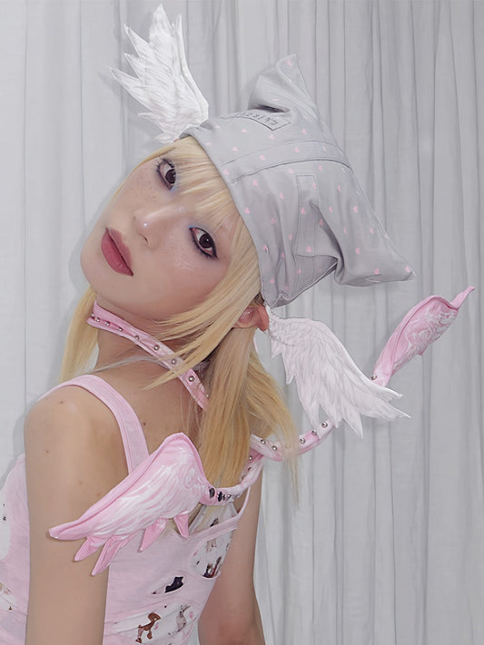 Gray Elf Wings Angel Hat Pink with Heart Prints