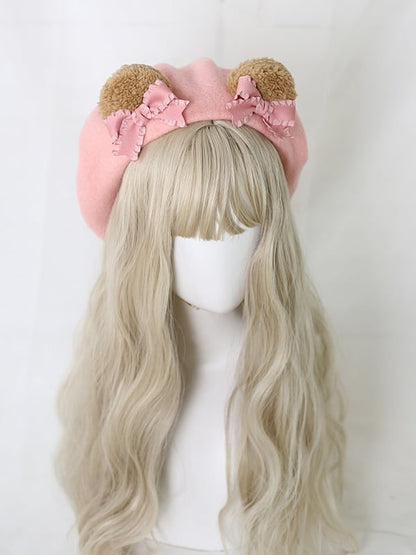 Detachable Pink / With Bowknot Ear Bear Beret Ginger Lolita Cute