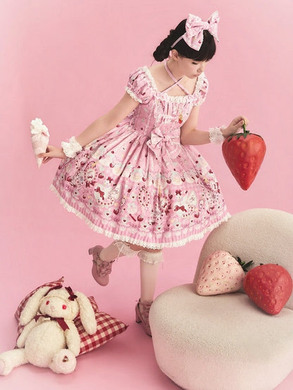 Cat Print Rose Sweet Lolita OP Dress with Removable Crisscross Halter Straps - Pastry Chef