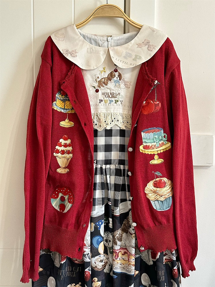 Red Long-Sleeve Dessert Print Cardigan