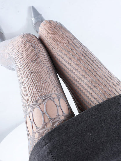 White/Gray Asymmetrical Lace Tights Fishnet Design Cut-Out