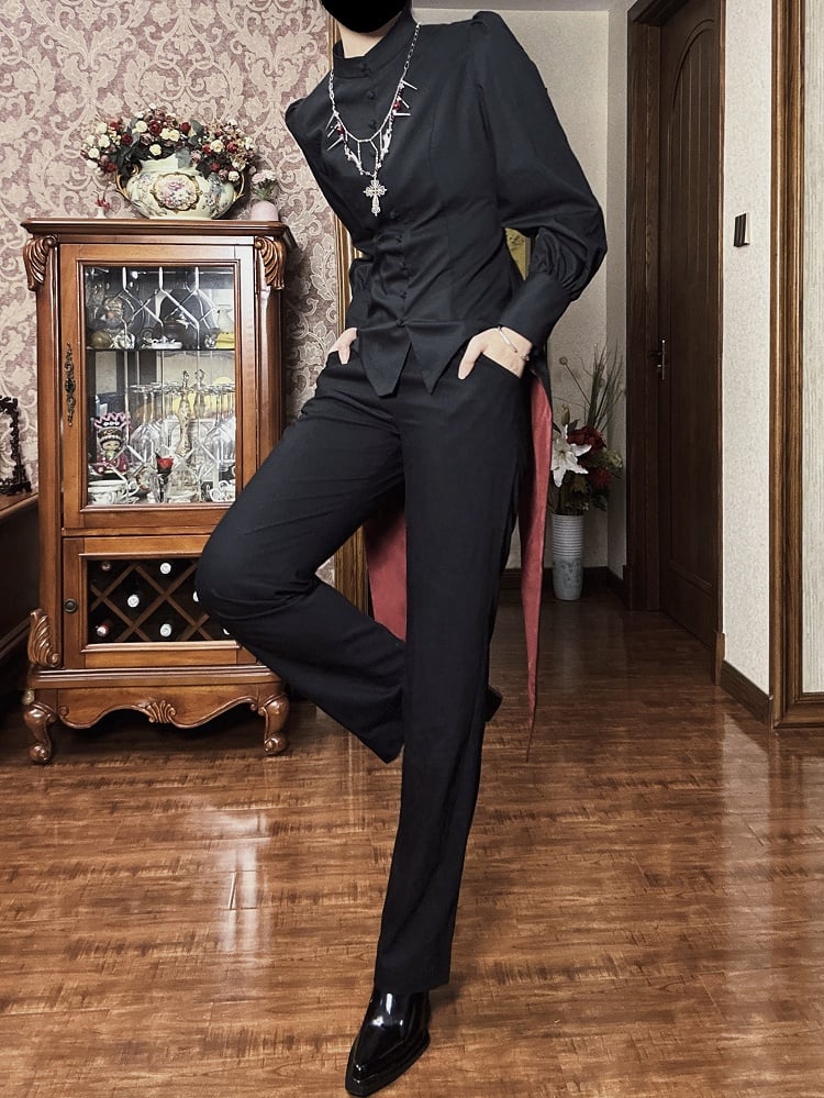 王子マンダリンブラックロングファッショントップスロリータテールスワローカラースリーブ