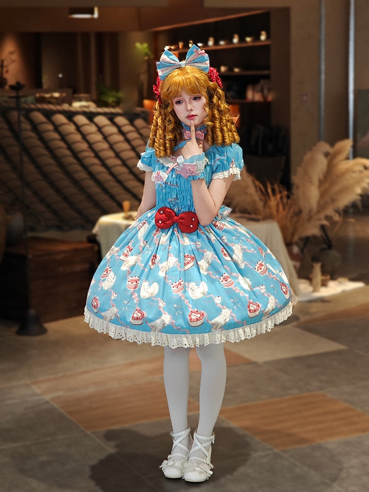 伸縮性のあるプリントのキティのスモックブルーのリボンのボディスロリータとピーススイートワン