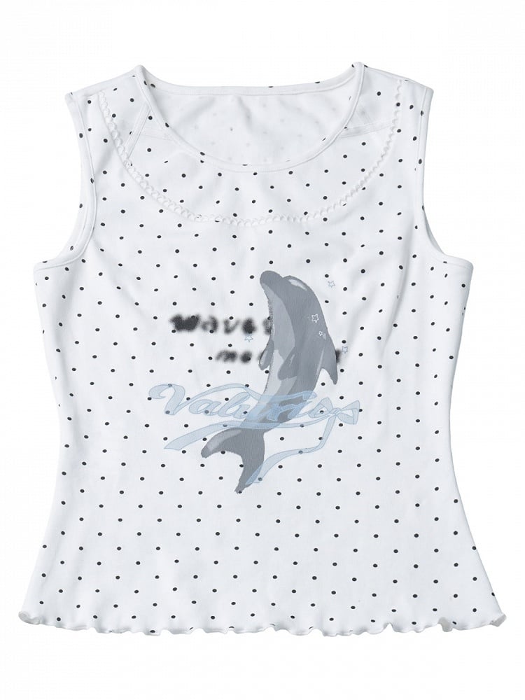 White Polka Dot Tank Top with Dolphin Print - PINK SAVIOR