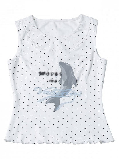 White Polka Dot Tank Top with Dolphin Print - PINK SAVIOR