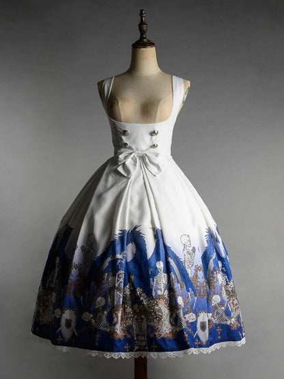 Cross and Blue Gothic Lace Trim with Skeleton Print Lolita Under Bust Dress White