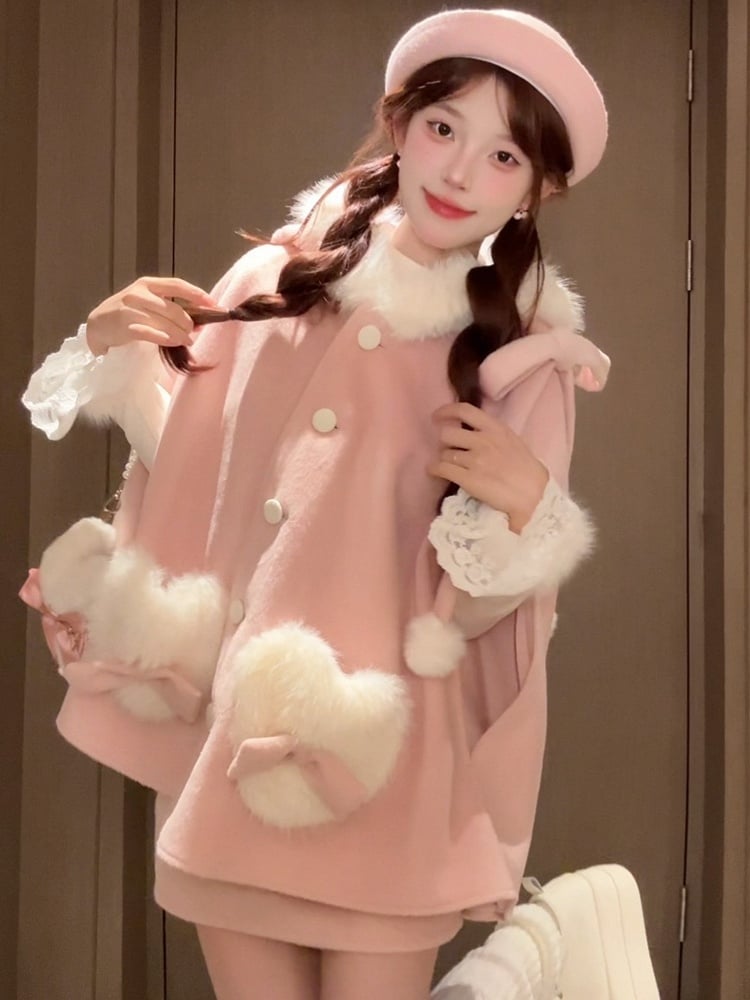 Plush Coat Winter Skirt Pink Sweet Set Lolita with Pockets Cape Heart-shaped +
