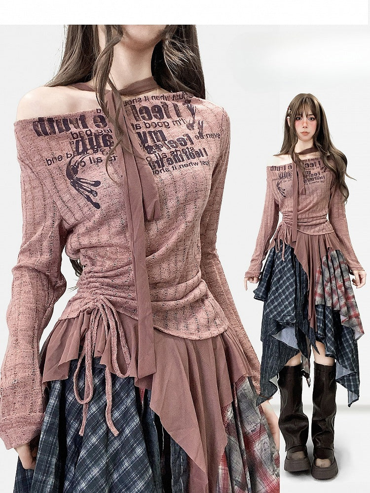 + Schal Brauner Buchstabe Asymmetrisches Top Musterdruck Millard Rötlich Gestreifter Modesaum