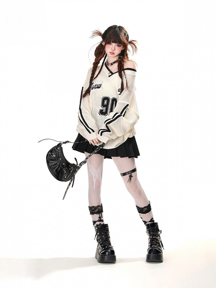 Schwarz/weißes, asymmetrisches Oberteil mit Sonnenschutz und Hohlsaum