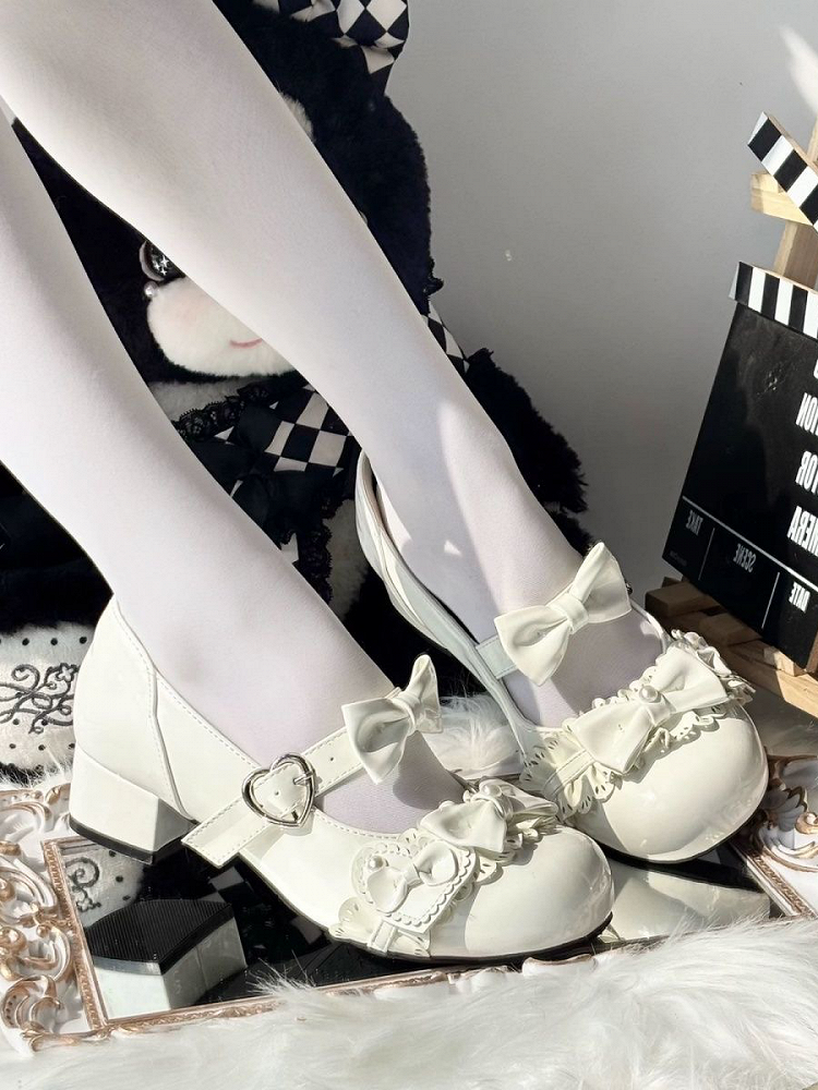 with - Mary Lolita for Round Sweet White Bead Janes Low Embellishments Heel Toe