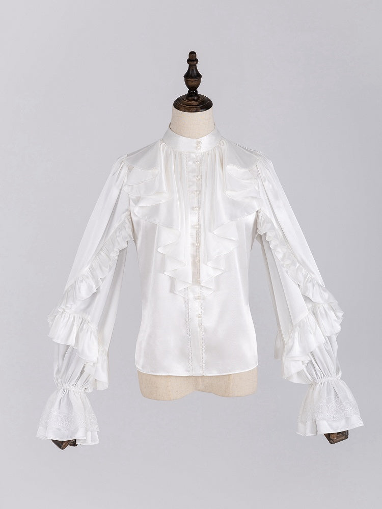 Elegant White Ruffled Bodice Shirt with Flounce Trim and Long Sleeves - DevilInspired Exclusive Collection