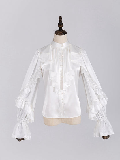 Elegant White Ruffled Bodice Shirt with Flounce Trim and Long Sleeves - DevilInspired Exclusive Collection