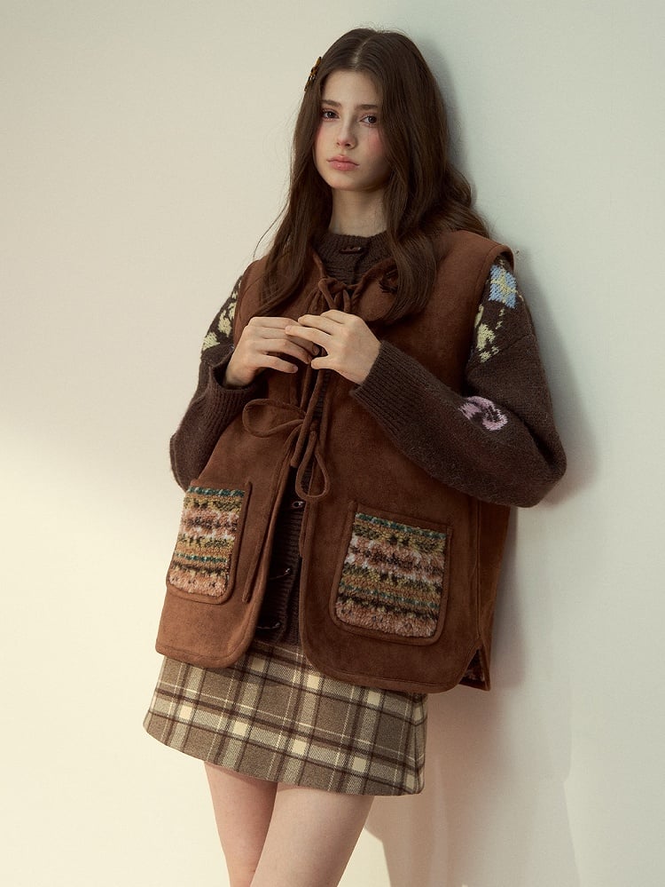 Brown Vintage with Double-Sided Bow Vest Design Pattern Fur Tie