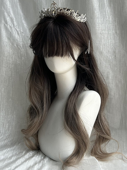 Braune Ombre-Perücke, lang, gewellt, Kunsthaar, mit Pony