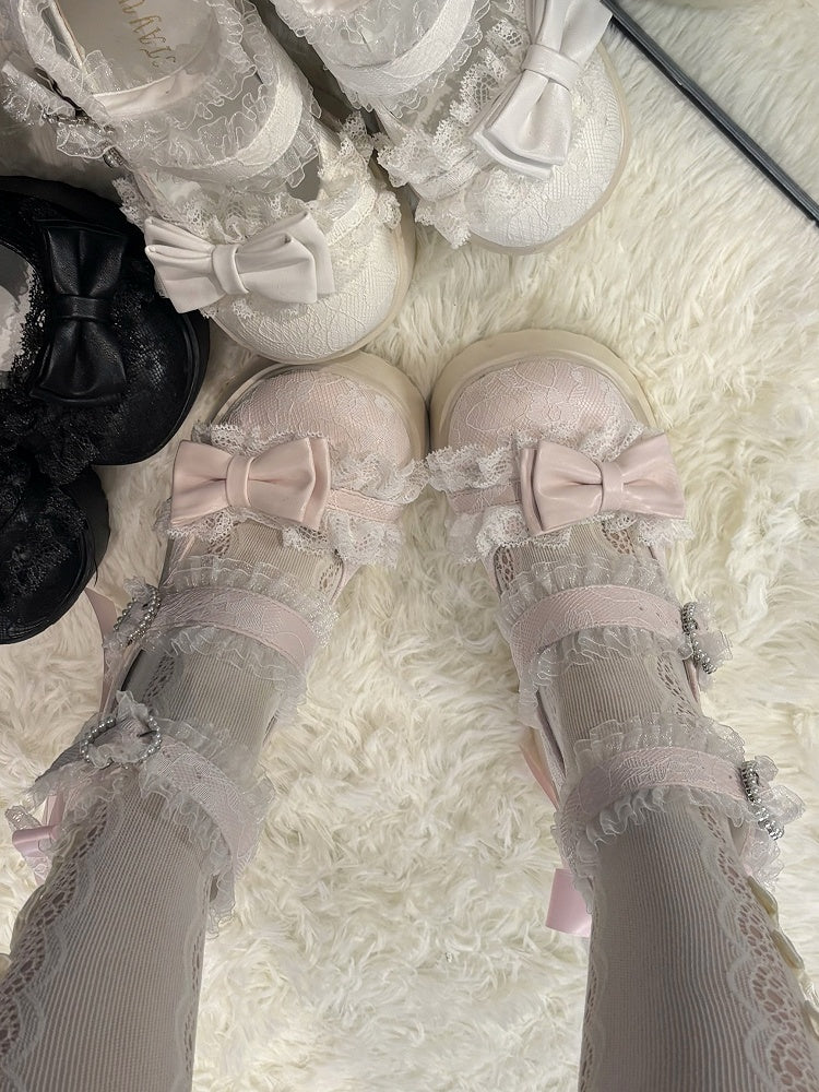 Jane Block Mary Straps Jirai Kei Pink with High - Heel Shoes Lace-Edged