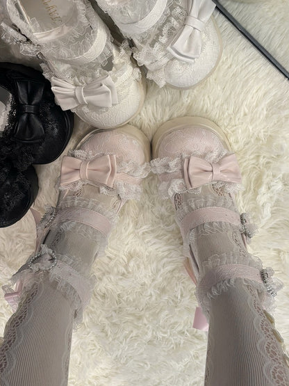 Jane Block Mary Straps Jirai Kei Pink with High - Heel Shoes Lace-Edged