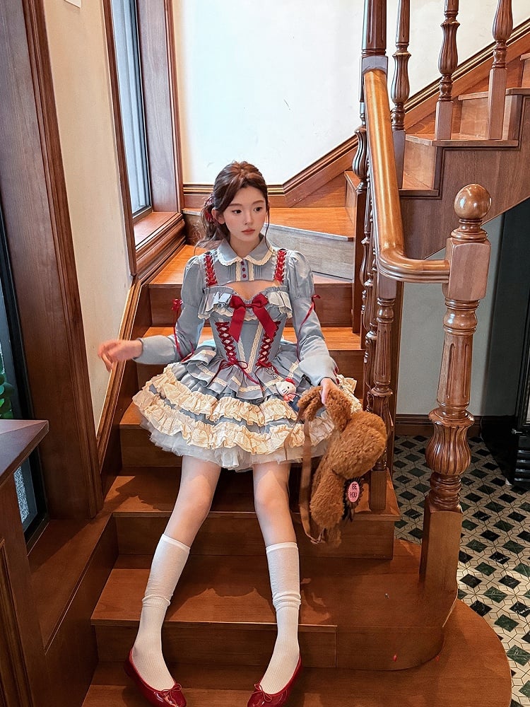 Blue Corset Lace-up + Skirt Set Bolero Top Boned Puffy Full