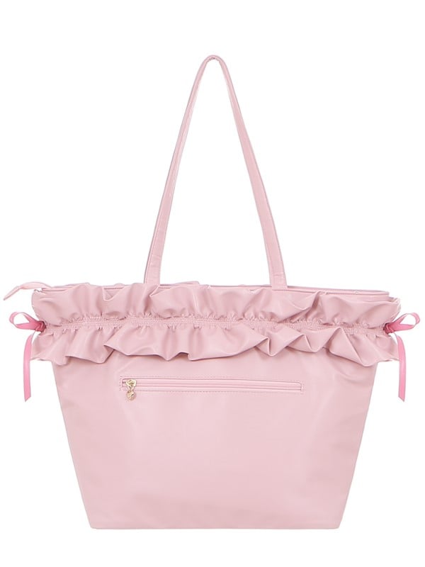 Jirai Kei Pink/Black Ruffled Shoulder Bag with Bow Accent