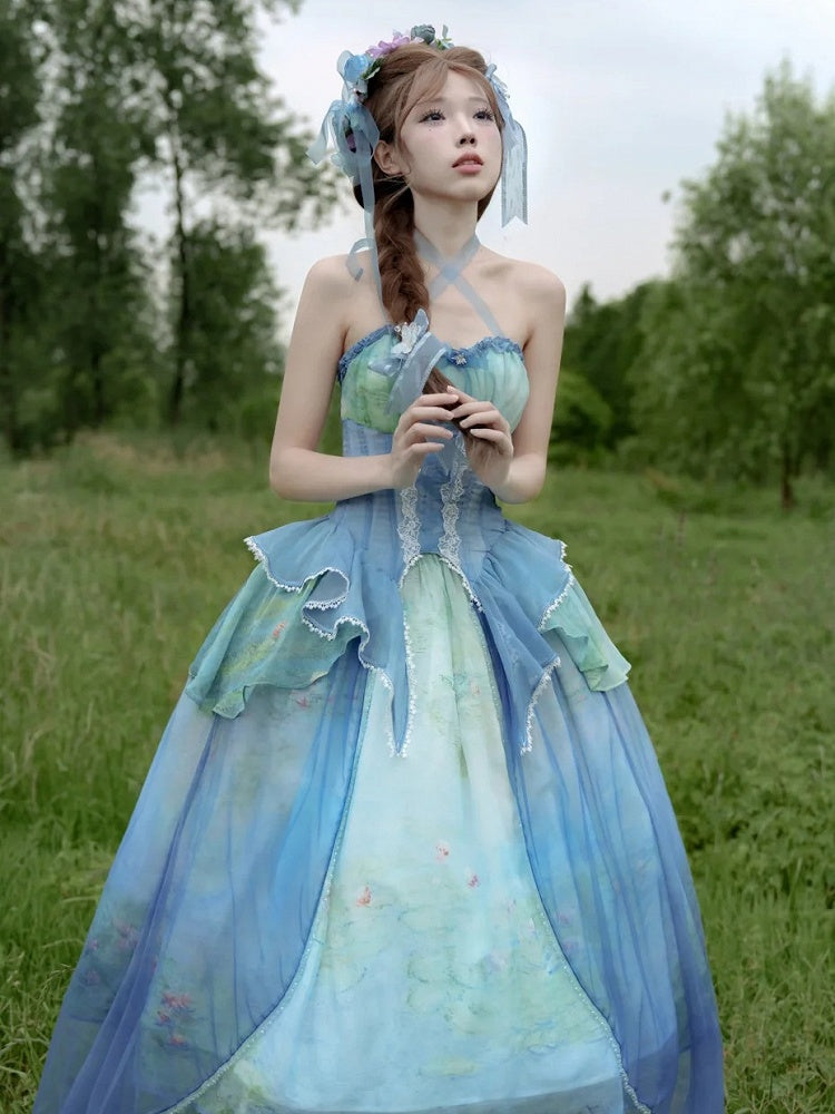 Gestufter Volant-Saum, Neckholder, Korsett-Top mit Stäbchen, Druck, Himmel, Malerei, Fee, Öl, Blau