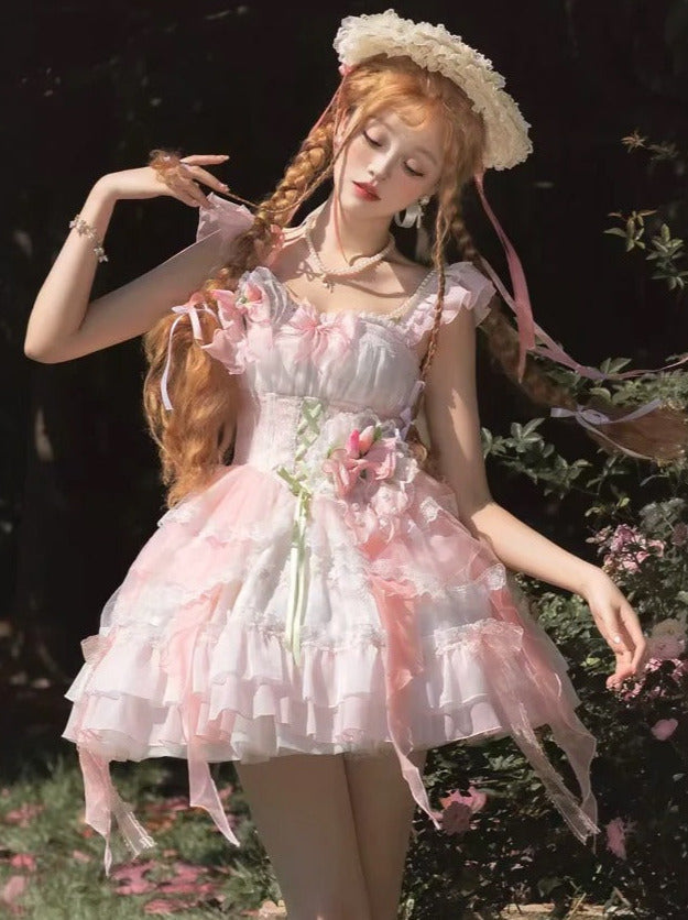 Shoulder Thring Lolita Flower Frill Dress Princess