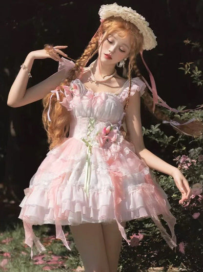 Shoulder Thring Lolita Flower Frill Dress Princess