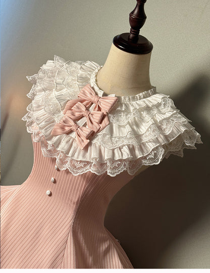 White Sleeveless Pink Dress Slim Striped Layered Neck Fabric Lolita Ruffle Sweet Waist Fit