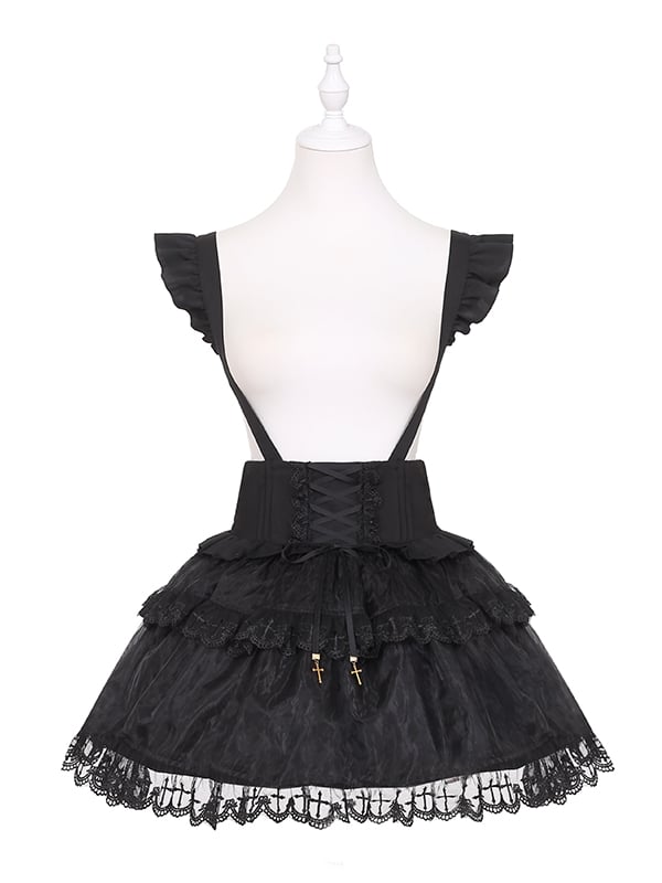 Jirai Kei Black Lace-up Detail High-Waisted Tulle Skirt Landmine Overall Dress