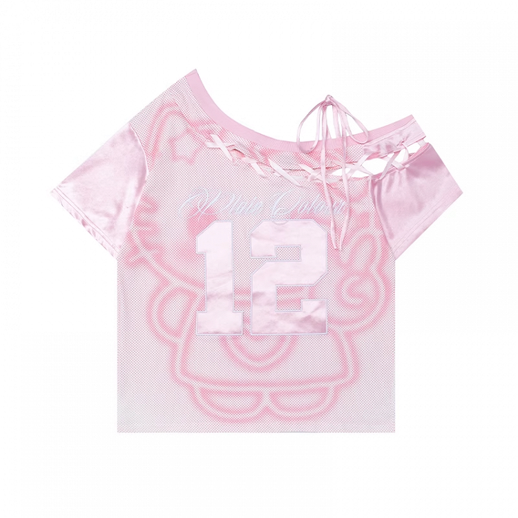 Kitty Gray/Pink Asymmetrical Lace-up Neckline Print T-Shirt