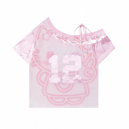 Kitty Gray/Pink Asymmetrical Lace-up Neckline Print T-Shirt