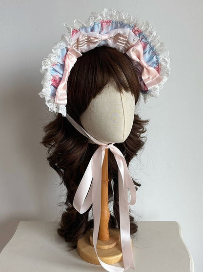 Printed Sweet Lolita Bonnet with Bows and Lace Trim - Ball Lolita