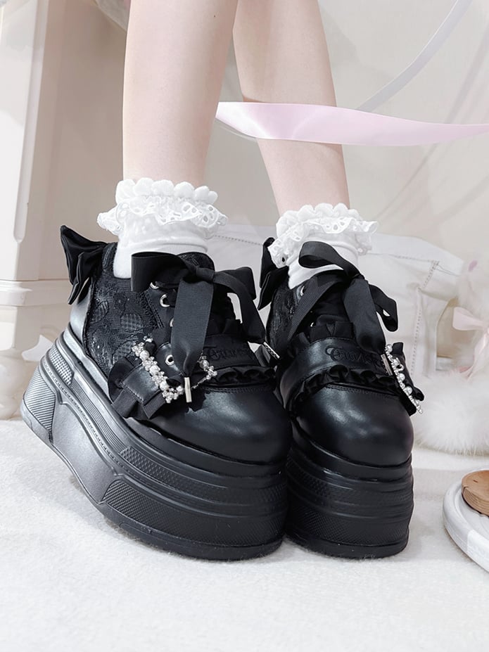 Jirai Accents Kei Shoes Black Bow Buckle Design Beaded Platforms