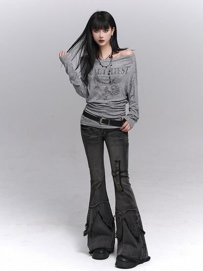 Gray Tee Oversized Print Gothic Sleeve Swallow Long Off-Shoulder