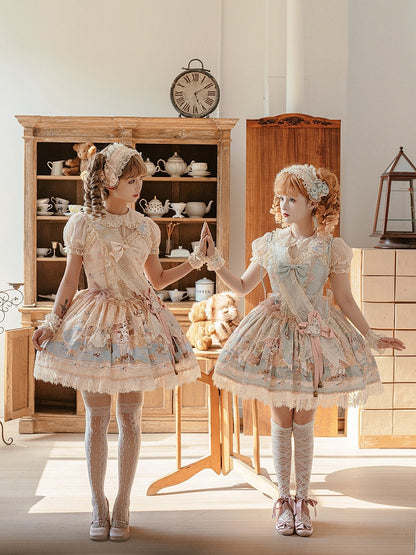 Lolita Süße Set Mieder Grün Print Minty Kitty Tee JSK Kleid Korsett Party Volle