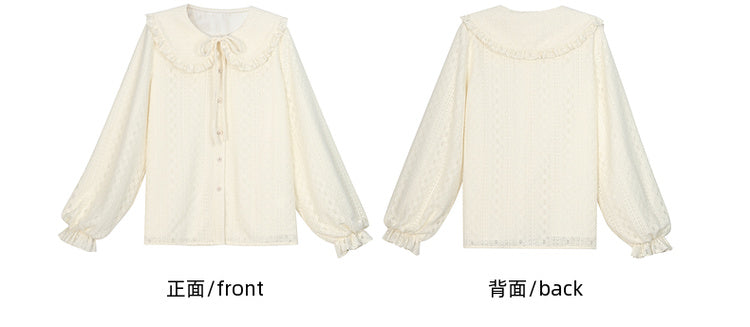 アプリコットのピーターパンカラー、バルーンスリーブ、レースブラウス