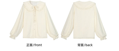 アプリコットのピーターパンカラー、バルーンスリーブ、レースブラウス