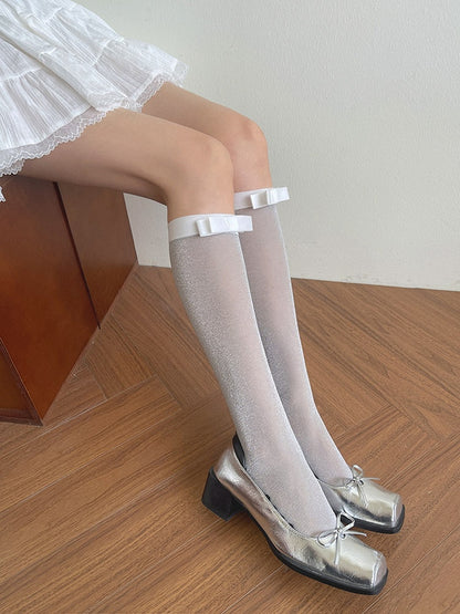 Light Underknee Bowknot Semi-sheer Grey/Black Stockings Details