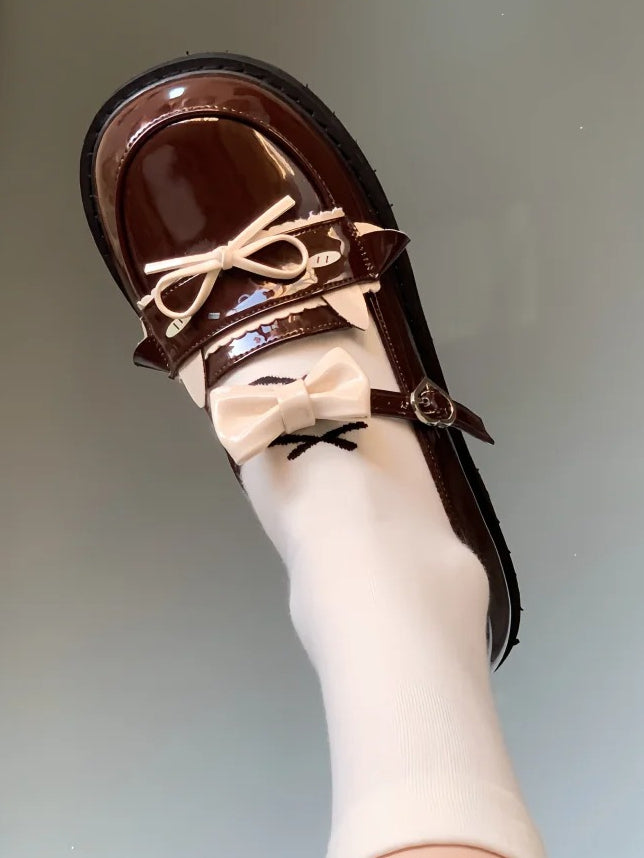 Low-heel with Brown PU Lamb Heart Dazed Buckle and Bow Details Shoes JK Cute