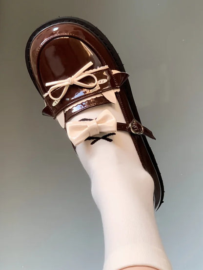 Low-heel with Brown PU Lamb Heart Dazed Buckle and Bow Details Shoes JK Cute