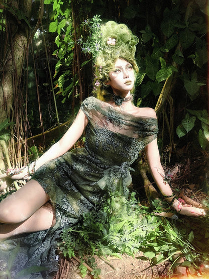 Green Cascading Fairy Forest Dress Neckline Slit Goth Off-the-shoulder Flounce