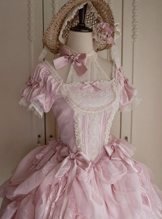 Embroidery Boned Details Elegant Lolita Classic Illusion Pink Sleeves Top with Neckline and Puff Corset Lace