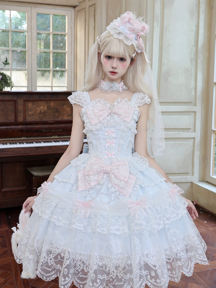 Blue Multi-Layer Lace Trim Lolita JSK with Bow and Bead Chain Decorations - White Sugar Girl