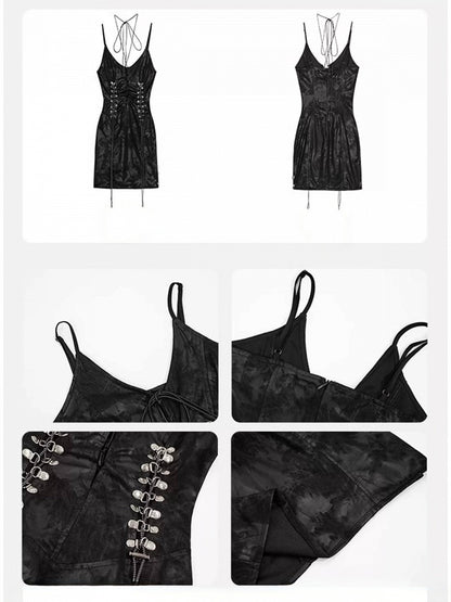 Punk Black V-Neck Sleeveless Gown with Lace-Up Design