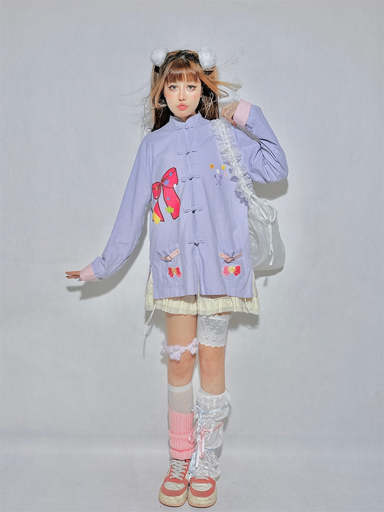 リバーシブル ピンク＆パープル バンドカラー ボウバックルシャツ