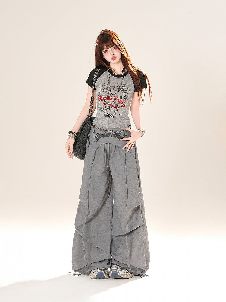 アクセサリー ピンク/グレー ドローストリング ワイドレッグパンツ ウエスト付き