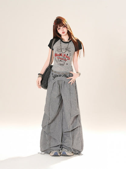 アクセサリー ピンク/グレー ドローストリング ワイドレッグパンツ ウエスト付き