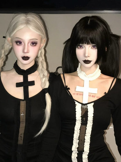 Black/White Choker Ruffled Design Gothic Cross with