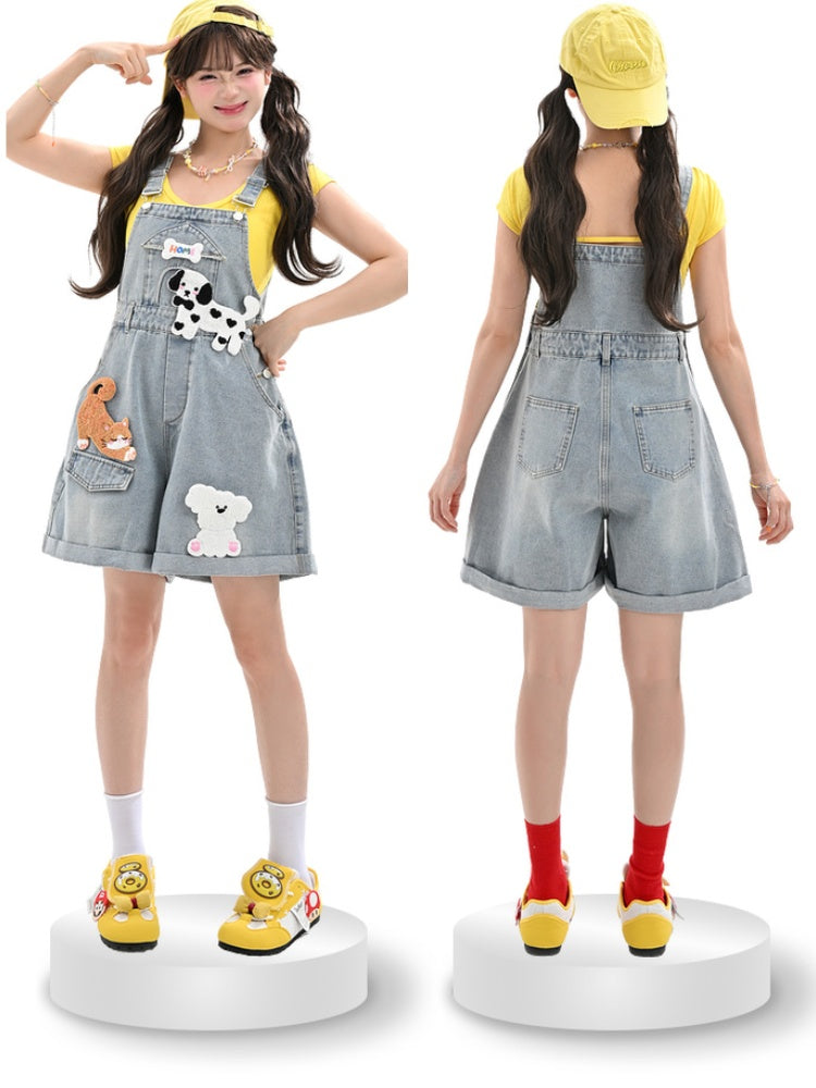 Blue High Denim Overalls Waist and Puppy Appliques with Kitty Detachable